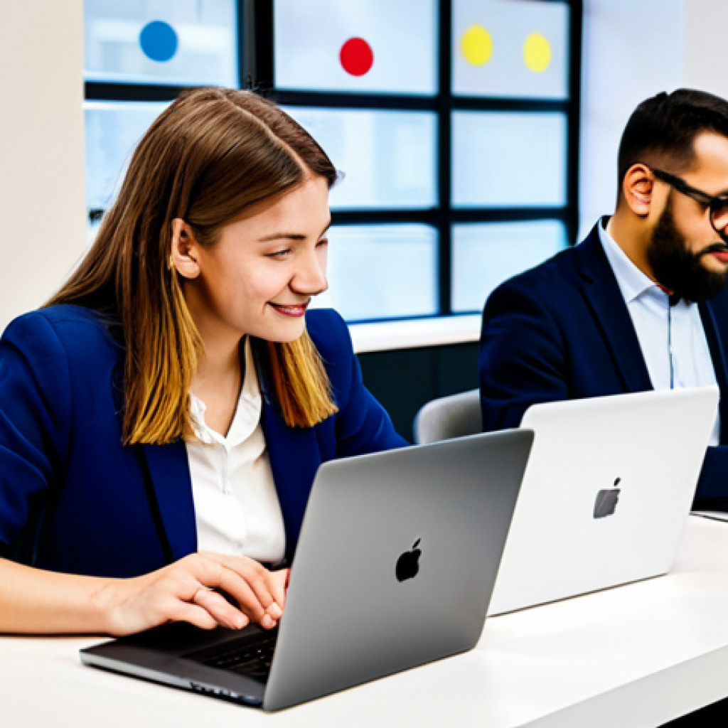 A diverse group of adult students and professionals, both male and female, engaged in dynamic self-directed learning within a modern, collaborative co-working space. They are interacting with sleek laptops and tablets, with abstract, interconnected digital modules resembling "Lego blocks" floating subtly in the background, symbolizing personalized learning paths. Subjects are fully clothed in modest, professional and business casual attire, appropriate for a learning environment. Perfect anatomy, correct proportions, natural poses, well-formed hands, proper finger count, natural body proportions. Professional photography, high-resolution, high quality, vibrant colors. Safe for work, appropriate content, fully clothed, family-friendly.