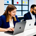 A diverse group of adult students and professionals, both male and female, engaged in dynamic self-directed learning within a modern, collaborative co-working space. They are interacting with sleek laptops and tablets, with abstract, interconnected digital modules resembling "Lego blocks" floating subtly in the background, symbolizing personalized learning paths. Subjects are fully clothed in modest, professional and business casual attire, appropriate for a learning environment. Perfect anatomy, correct proportions, natural poses, well-formed hands, proper finger count, natural body proportions. Professional photography, high-resolution, high quality, vibrant colors. Safe for work, appropriate content, fully clothed, family-friendly.