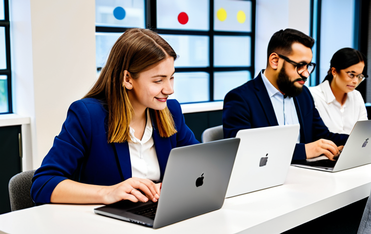 A diverse group of adult students and professionals, both male and female, engaged in dynamic self-directed learning within a modern, collaborative co-working space. They are interacting with sleek laptops and tablets, with abstract, interconnected digital modules resembling "Lego blocks" floating subtly in the background, symbolizing personalized learning paths. Subjects are fully clothed in modest, professional and business casual attire, appropriate for a learning environment. Perfect anatomy, correct proportions, natural poses, well-formed hands, proper finger count, natural body proportions. Professional photography, high-resolution, high quality, vibrant colors. Safe for work, appropriate content, fully clothed, family-friendly.